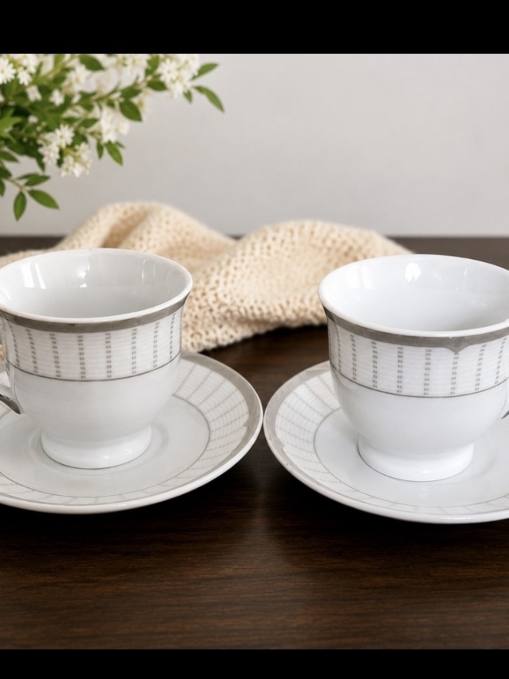 D'Lusso Design Cappuccino Cup & Saucer Set – Set of 2 – White with Silver Trim
